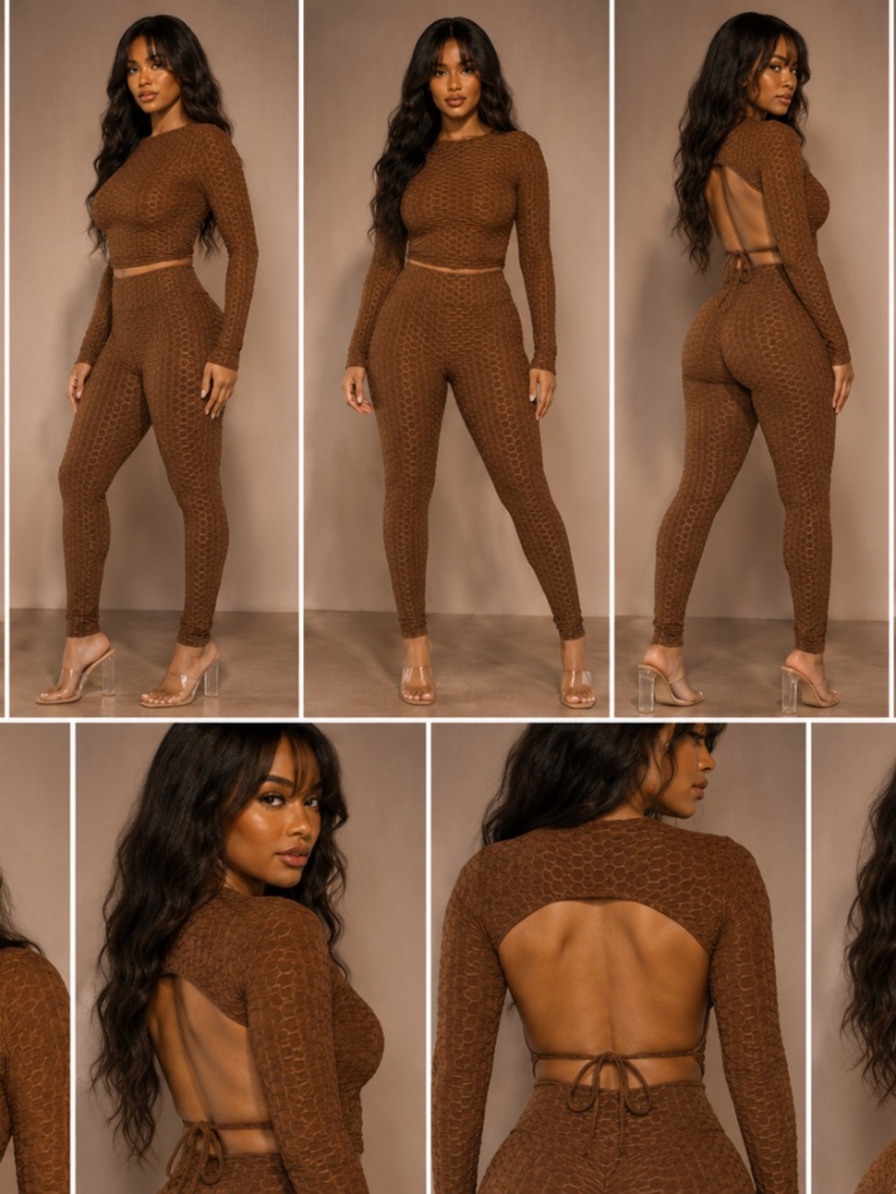 Brown Textured Open Back Crop Top Leggings Set 2 Piece Outfit